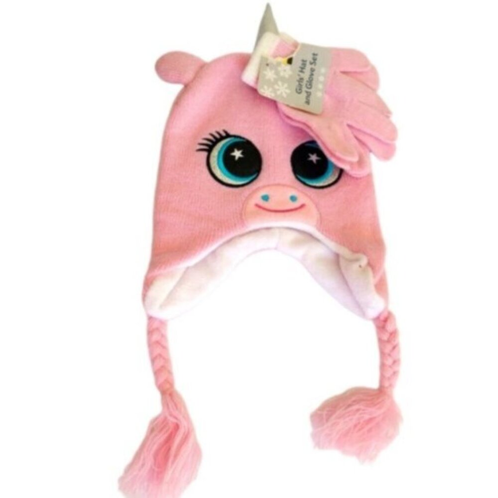 Kids Girls Pink Unicorn Fleece Fall Winter Hat and Glove Mitten Set